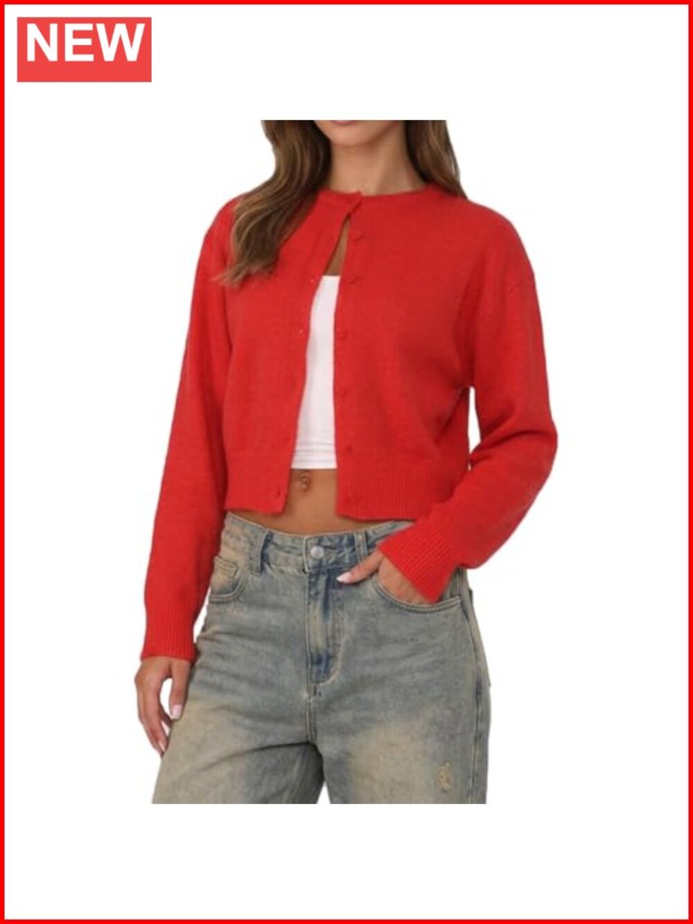 Y2K Button Front Crop Cardigan Crew Neck Long Sleeve Knit Fall Sweater